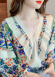 Organic Colorblock V Neck Lace Patchwork Print Chiffon Top Summer