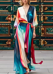 Organic Colorblock V Neck Silk Maxi Dress Long Sleeve