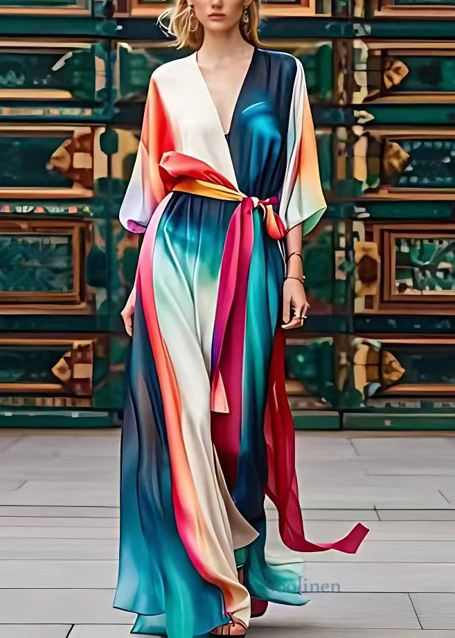 Organic Colorblock V Neck Silk Maxi Dress Long Sleeve