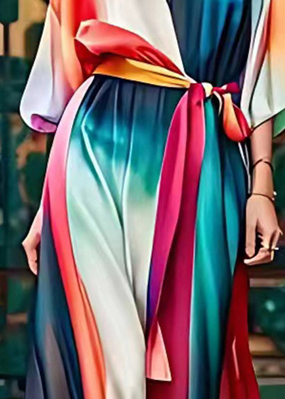 Organic Colorblock V Neck Silk Maxi Dress Long Sleeve