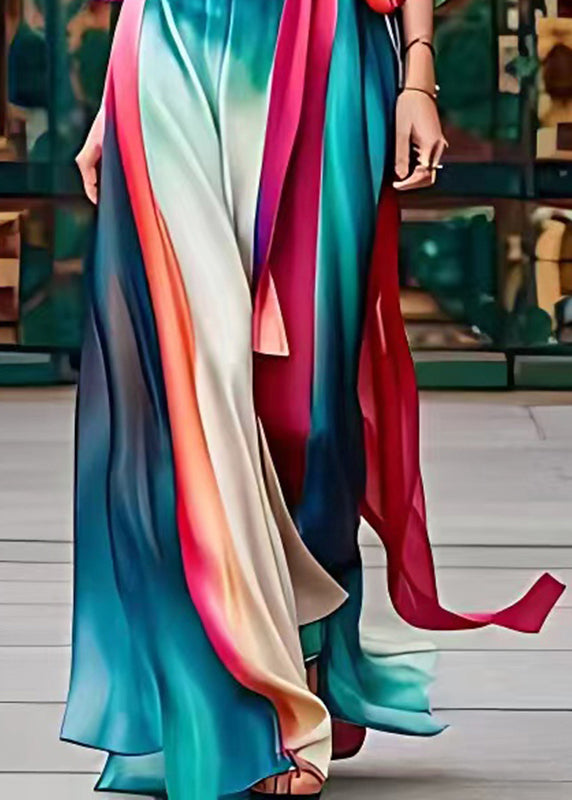 Organic Colorblock V Neck Silk Maxi Dress Long Sleeve