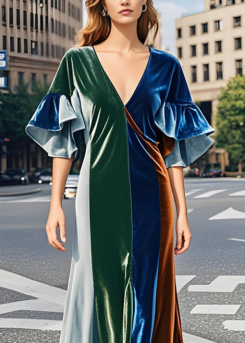 Organic Colorblock V Neck Velvet Dresses Butterfly Sleeve