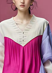 Organic Colorblock V Neck Wrinkled Tops Long Sleeve