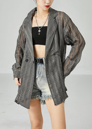 Organic Dark Grey Oversized Striped Wrinkled Linen Shirt Tops Spring