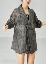 Organic Dark Grey Oversized Striped Wrinkled Linen Shirt Tops Spring