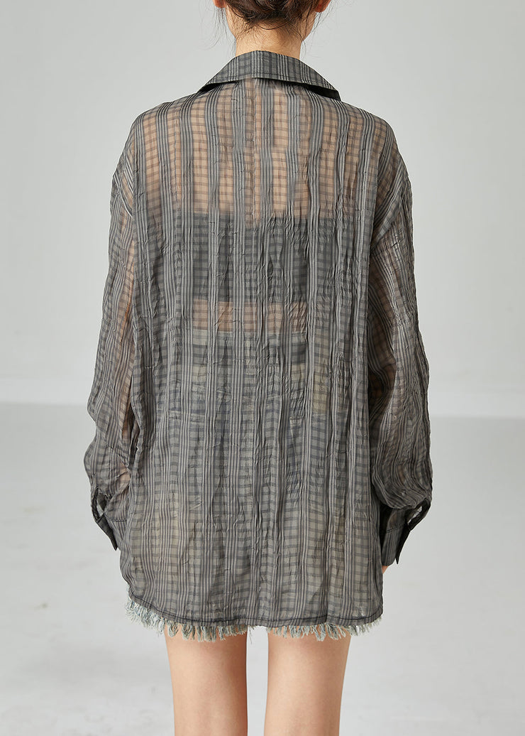 Organic Dark Grey Oversized Striped Wrinkled Linen Shirt Tops Spring