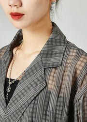 Organic Dark Grey Oversized Striped Wrinkled Linen Shirt Tops Spring