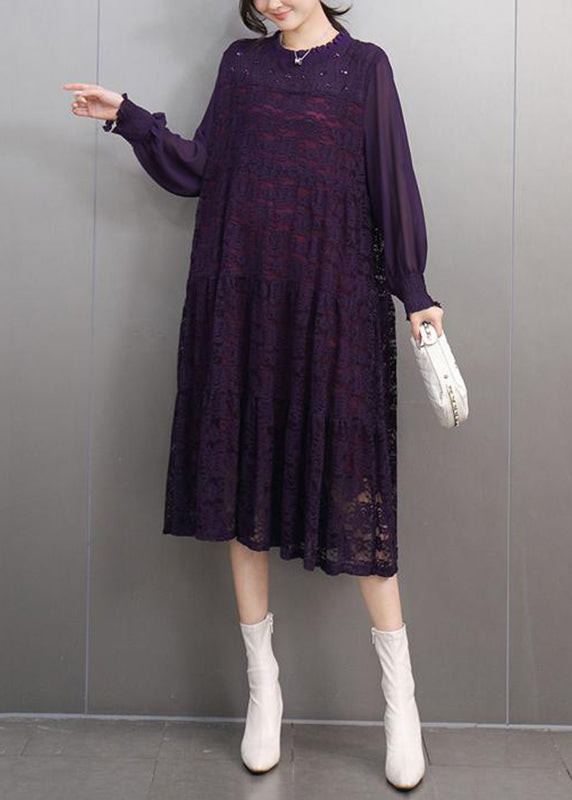 Organic Dark Purple Hollow Out Holiday Lace Long Dress Spring