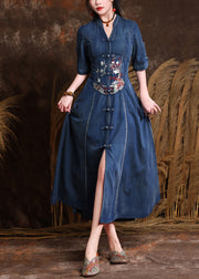 Organic Denim Blue V Neck Embroidered Patchwork Long Dresses Short Sleeve