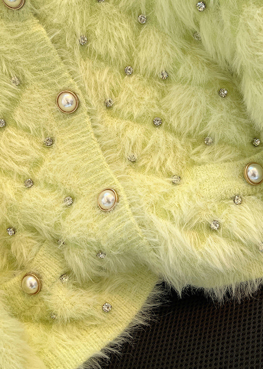 Organic Fluorescent Green Zircon Fuzzy Fur Fluffy Cardigan Spring