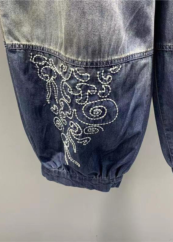 Organic Gradient Color Embroidered Elastic Waist Denim Lantern Pants Summer