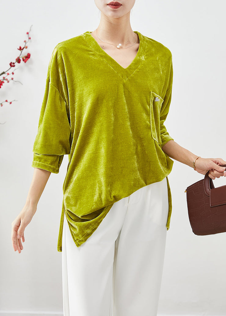 Organic Grass Green Oversized Side Open Silk Velour Top Fall