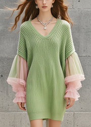 Organic Grass Green V Neck Patchwork Tulle Knit Dress Lantern Sleeve