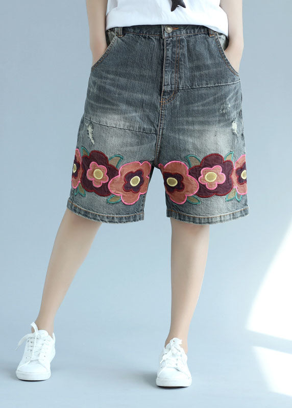 Organic Gray Pockets Patchwork Embroidered Shorts Summer