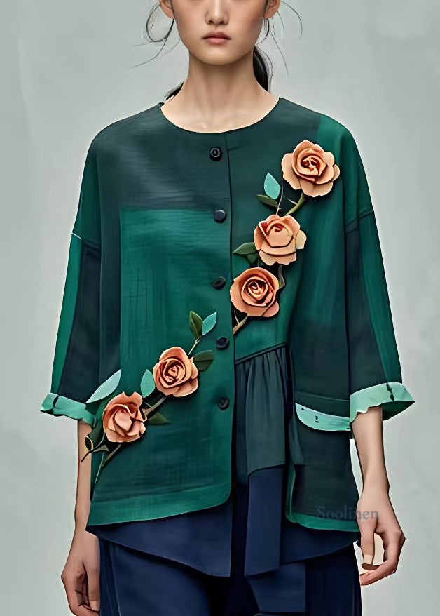 Organic Green Asymmetrical Floral Wrinkled Shirt Half Sleeve