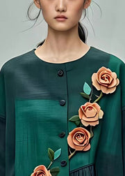 Organic Green Asymmetrical Floral Wrinkled Shirt Half Sleeve