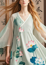 Organic Green Asymmetrical Lotus Print Chiffon Dress Summer