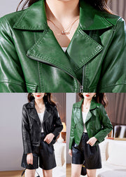 Organic Green Notched Zippered Faux Leather Coats Spring