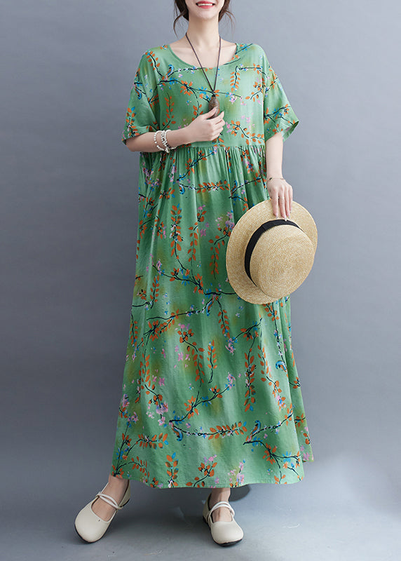 Organic Green O-Neck Patchwork Wrinkled Long Dress Summer