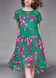 Organic Green O Neck Print Patchwork Chiffon Dresses Summer
