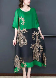 Organic Green O Neck Print Pockets Patchwork Silk Long Dresses Summer