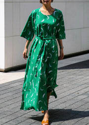 Organic Green O-Neck Print Silk Maxi Dress Long Sleeve