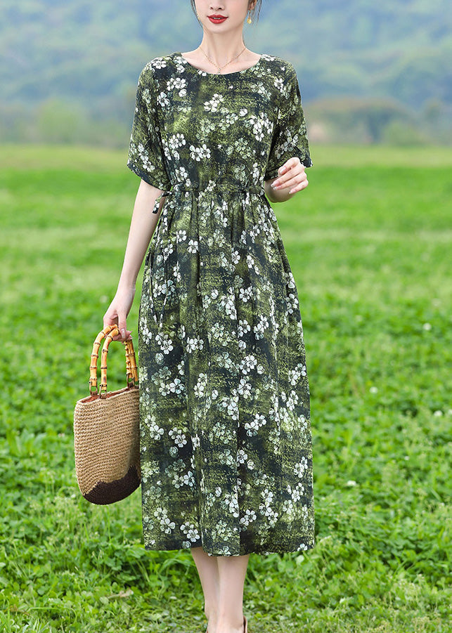 Organic Green O-Neck Print Slim Tie Waist Linen Maxi Dresses Short Sleeve