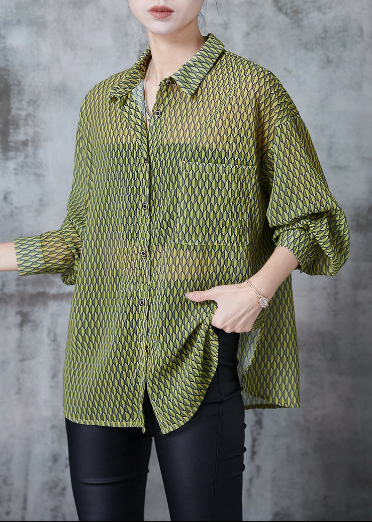 Organic Green Oversized Print Chiffon Shirt Spring