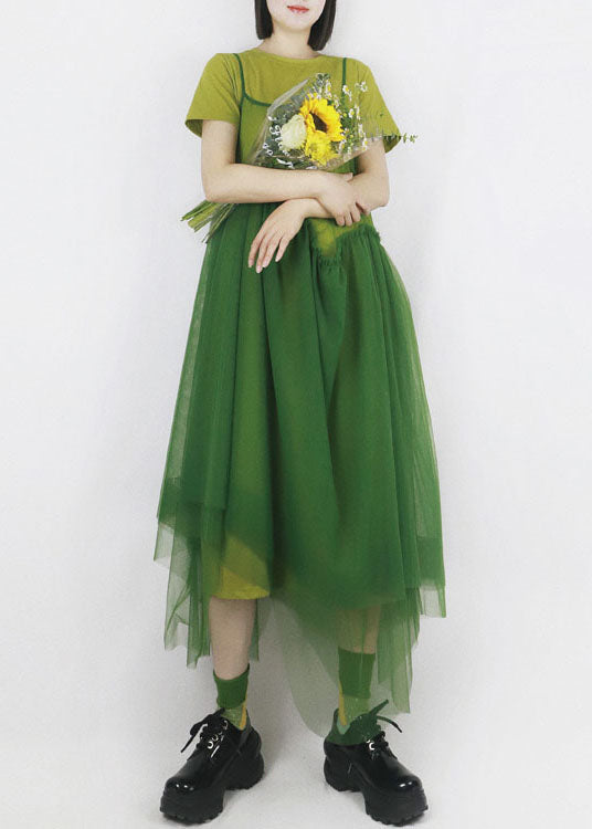 Organic Green Patchwork Hollow Out Tulle Spaghetti Strap Dress Long Smock Summer