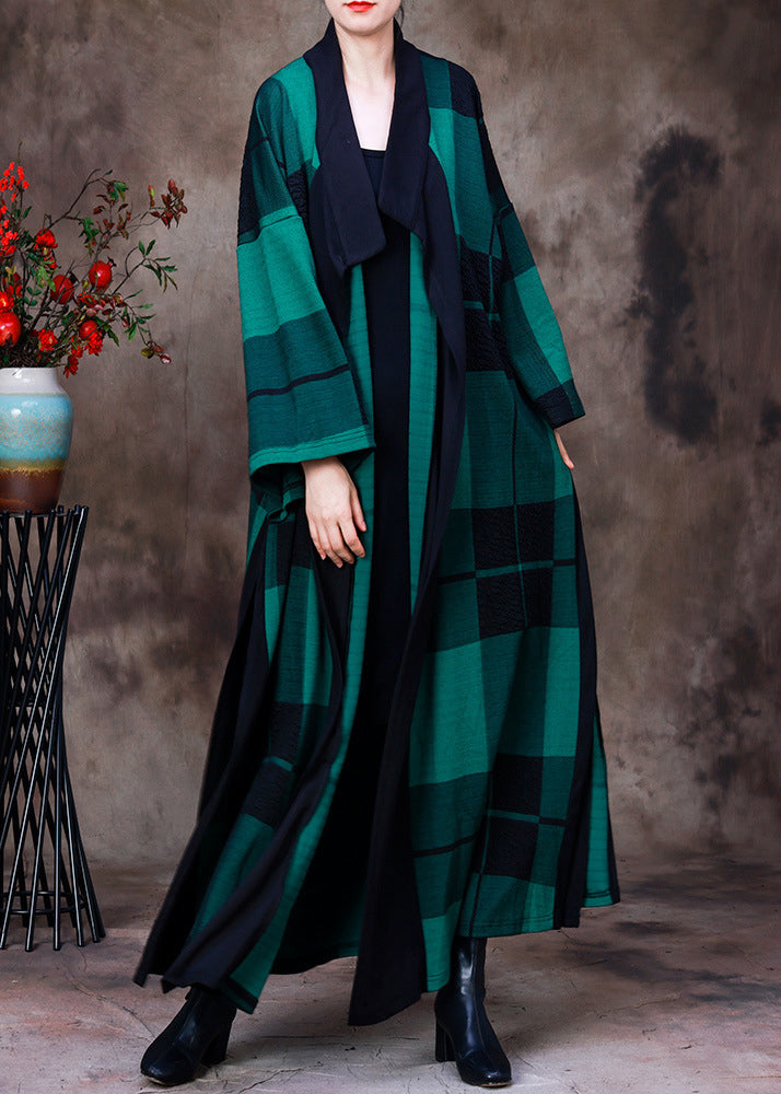 Organic Green Peter Pan Collar Plaid Coats Long Long Sleeve