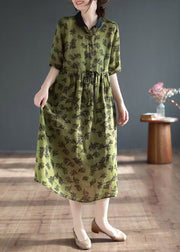 Organic Green Peter Pan Collar Print Button Long Dresses Short Sleeve