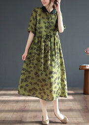 Organic Green Peter Pan Collar Print Button Long Dresses Short Sleeve