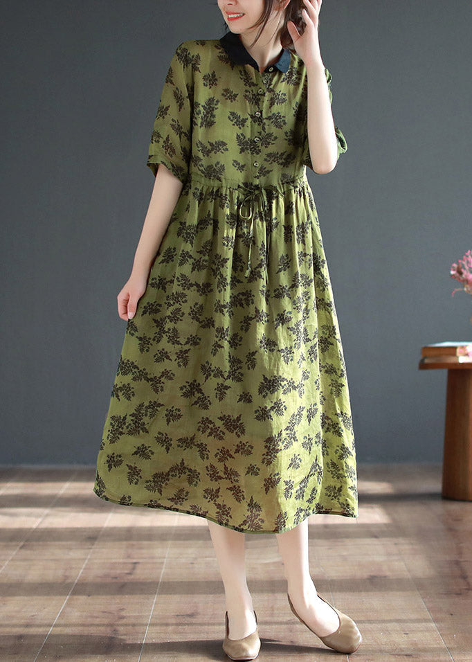 Organic Green Peter Pan Collar Print Button Long Dresses Short Sleeve