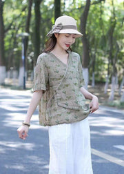 Organic Green V Neck Embroideried Patchwork Linen Tops Summer