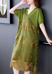 Organic Green V Neck Embroideried Patchwork Tulle Dress Summer