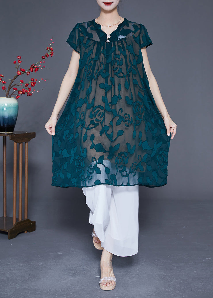 Organic Green V Neck Embroideried Tulle Dress Summer