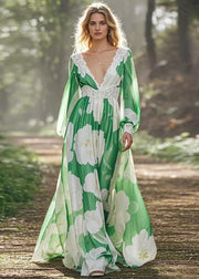 Organic Green V Neck Print Lace Patchwork Chiffon Dress Spring