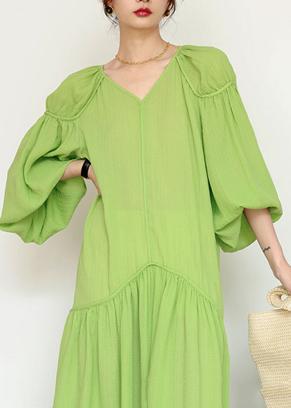 Organic Green V Neck Wrinkled Patchwork Long Dresses Lantern Sleeve