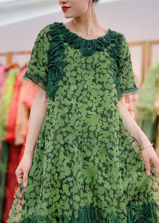 Organic Green Wrinkled Decorated Print Patchwork Tulle Dress Summer