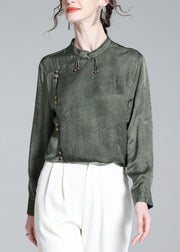 Organic Grey Green Stand Collar Jacquard Silk Shirt Long Sleeve