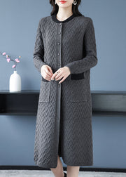 Organic Grey O Neck Pockets Button Patchwork Wool Coat Fall