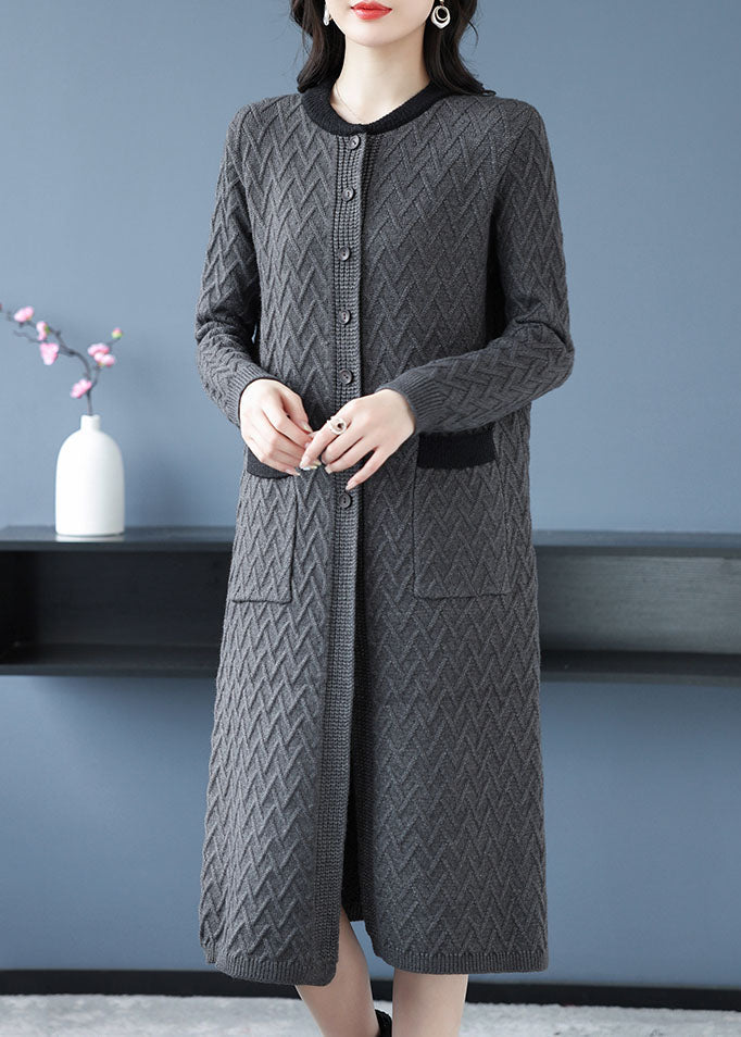 Organic Grey O Neck Pockets Button Patchwork Wool Coat Fall