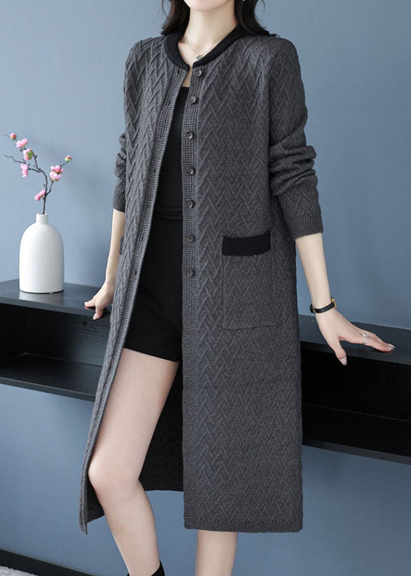 Organic Grey O Neck Pockets Button Patchwork Wool Coat Fall