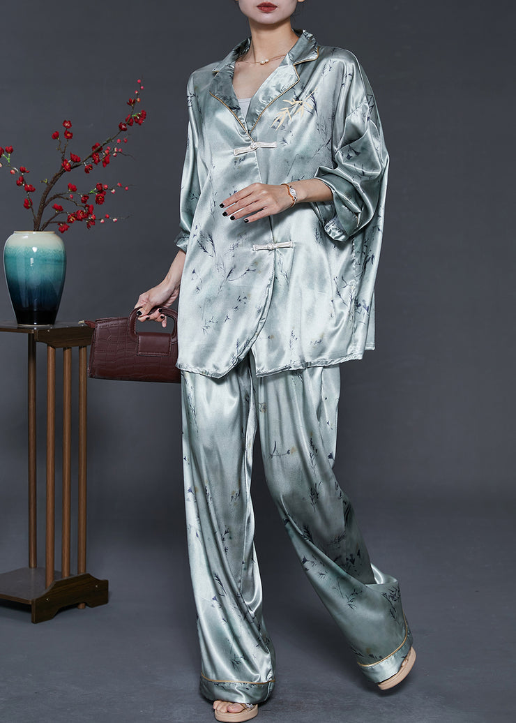 Organic Grey Oversized Print Chinese Button Silk Two Pieces Set Fall