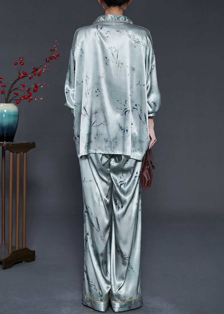 Organic Grey Oversized Print Chinese Button Silk Two Pieces Set Fall