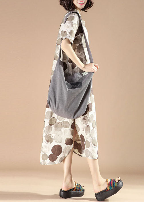 Organic Grey Stand Collar Print Patchwork Linen Dresses Summer