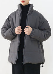 Organic Grey Stand Collar Zippered Thick Parka Winter