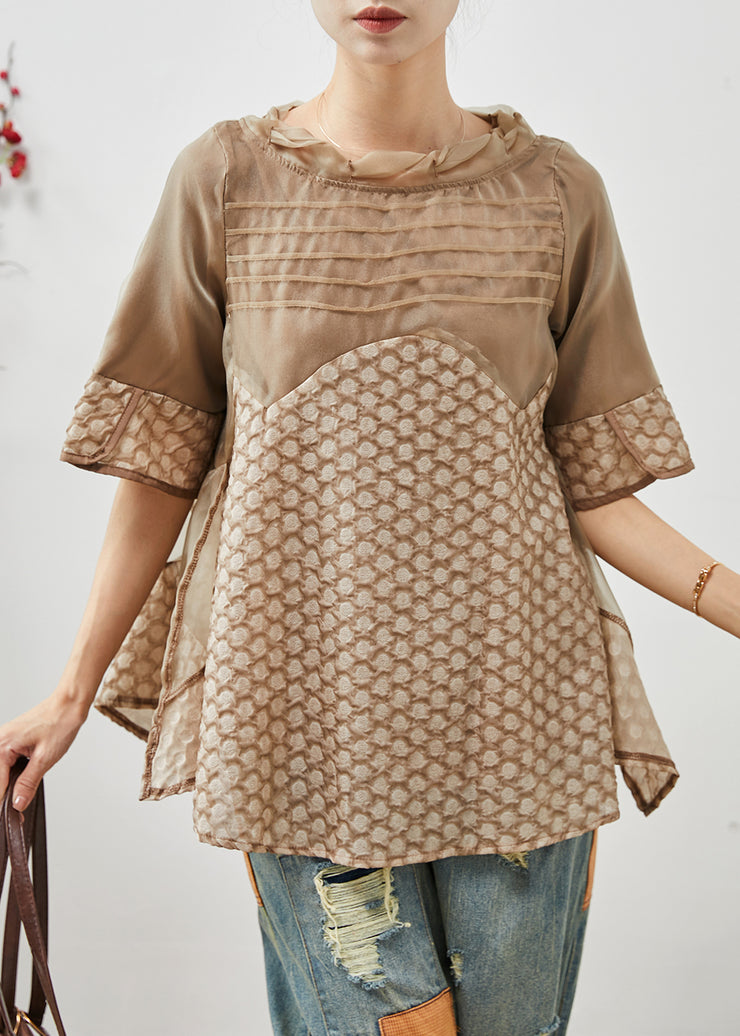 Organic Khaki Jacquard Patchwork Spandex Shirt Top Summer