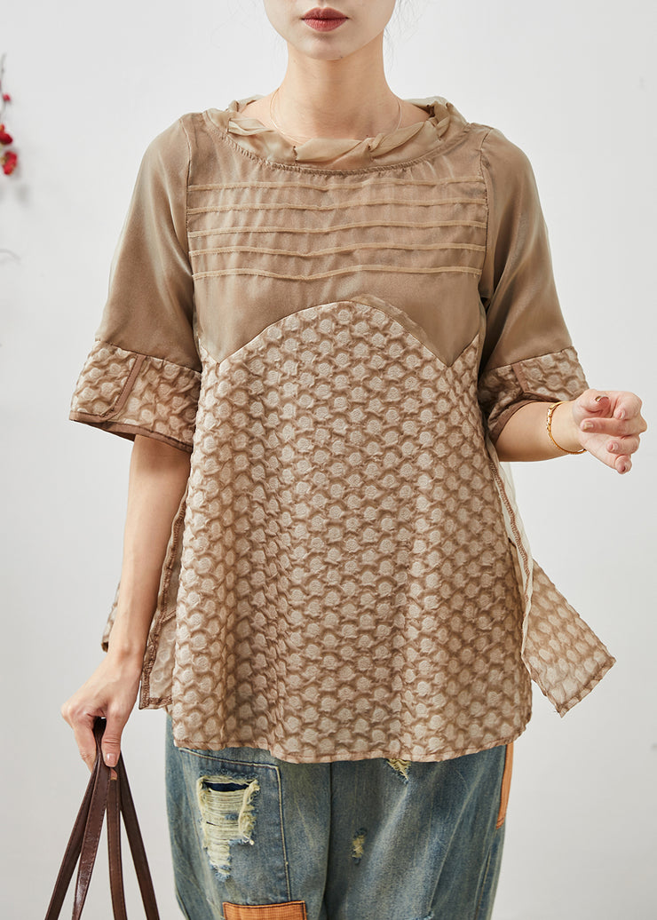 Organic Khaki Jacquard Patchwork Spandex Shirt Top Summer