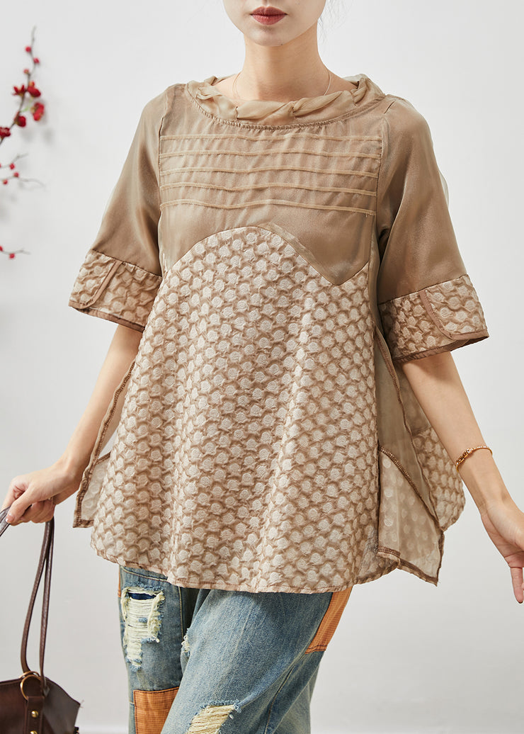 Organic Khaki Jacquard Patchwork Spandex Shirt Top Summer